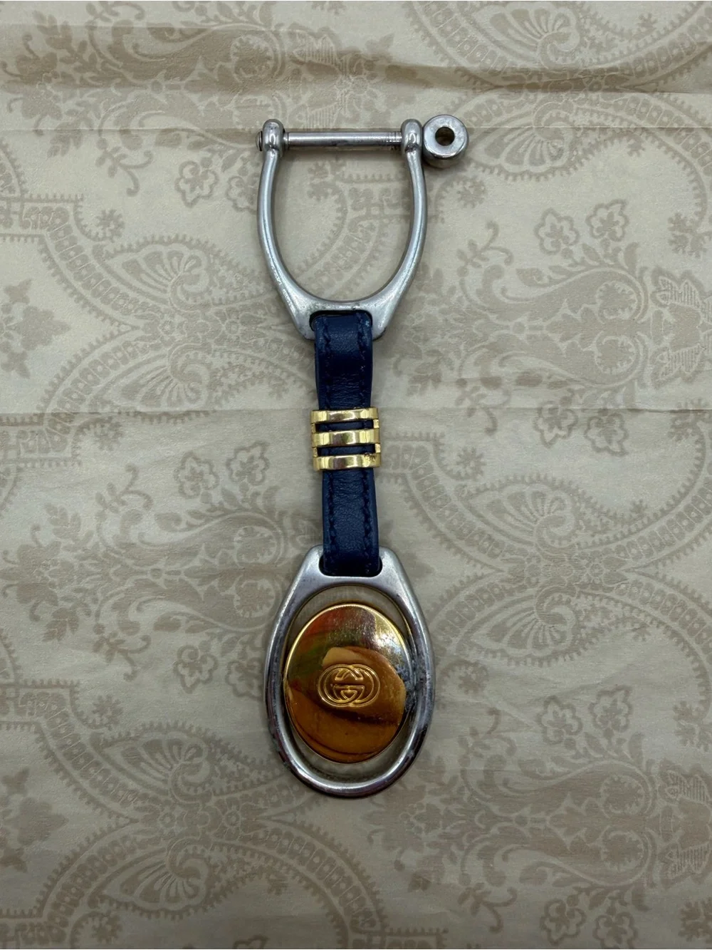 Gucci Blue Leather Key Ring with Gold and Silver Hardware